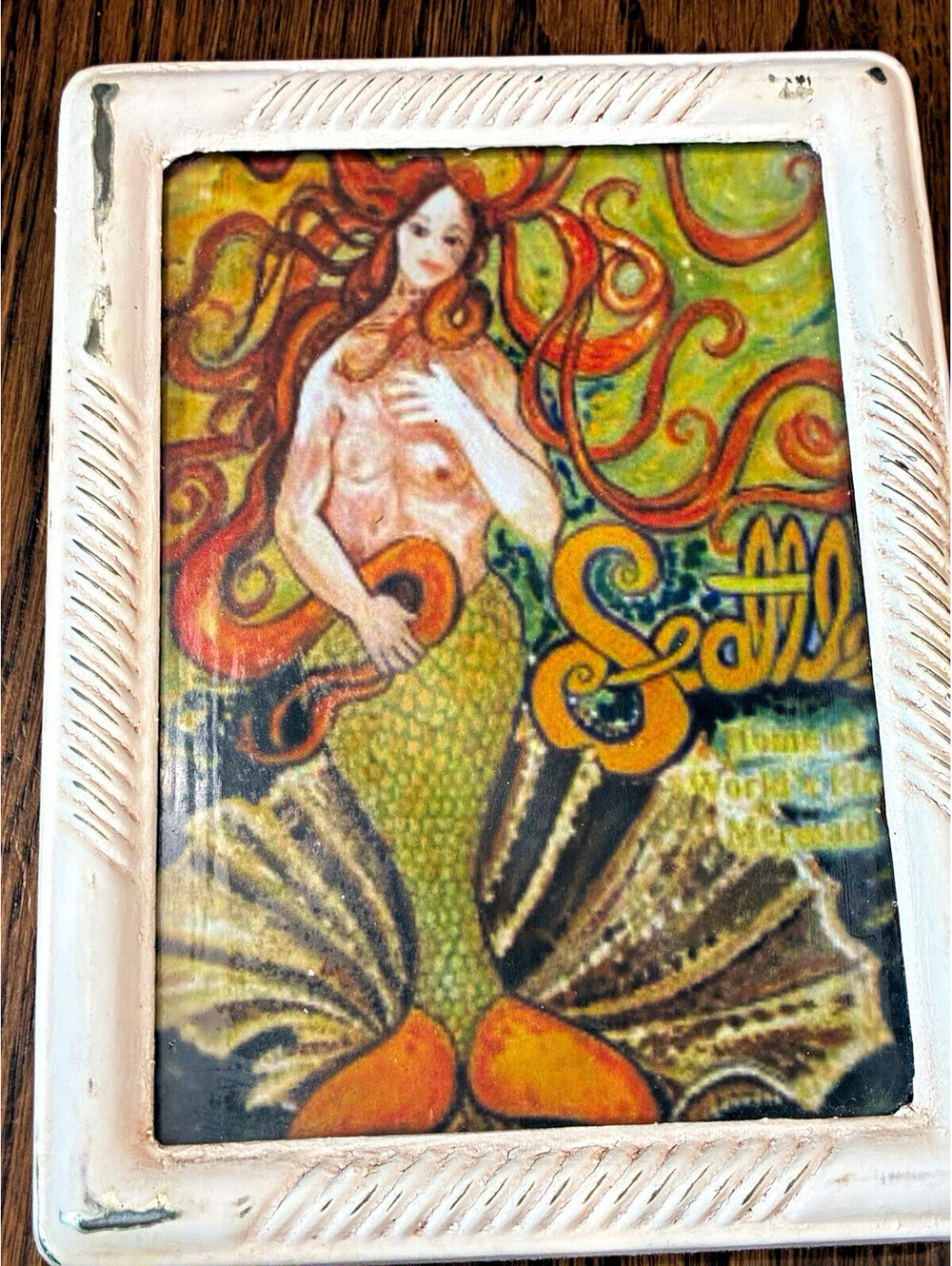 Lot of 2 White Distressed Wood Picture  & Heavy metal Frames 5x7 mermaid pic